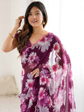 Dazzling Wine Floral Printed Georgette Wedding Wear Saree With Blouse