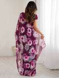 Dazzling Wine Floral Printed Georgette Wedding Wear Saree With Blouse