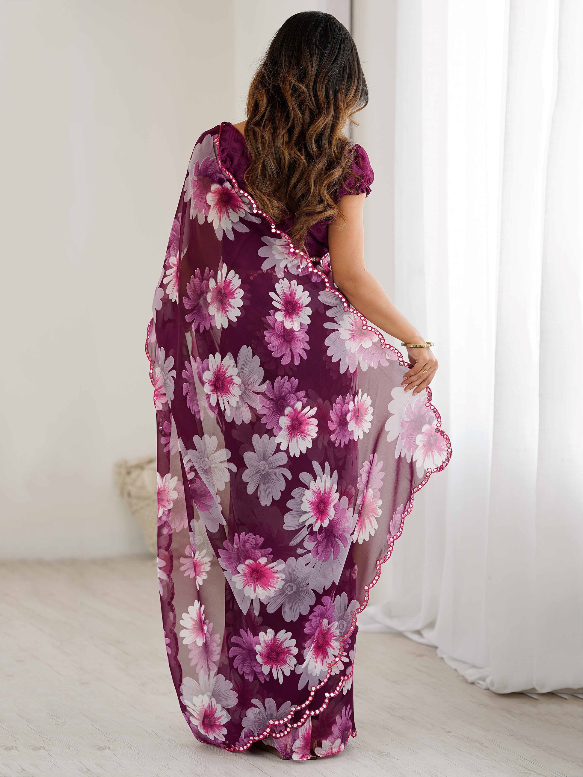 Dazzling Wine Floral Printed Georgette Wedding Wear Saree With Blouse