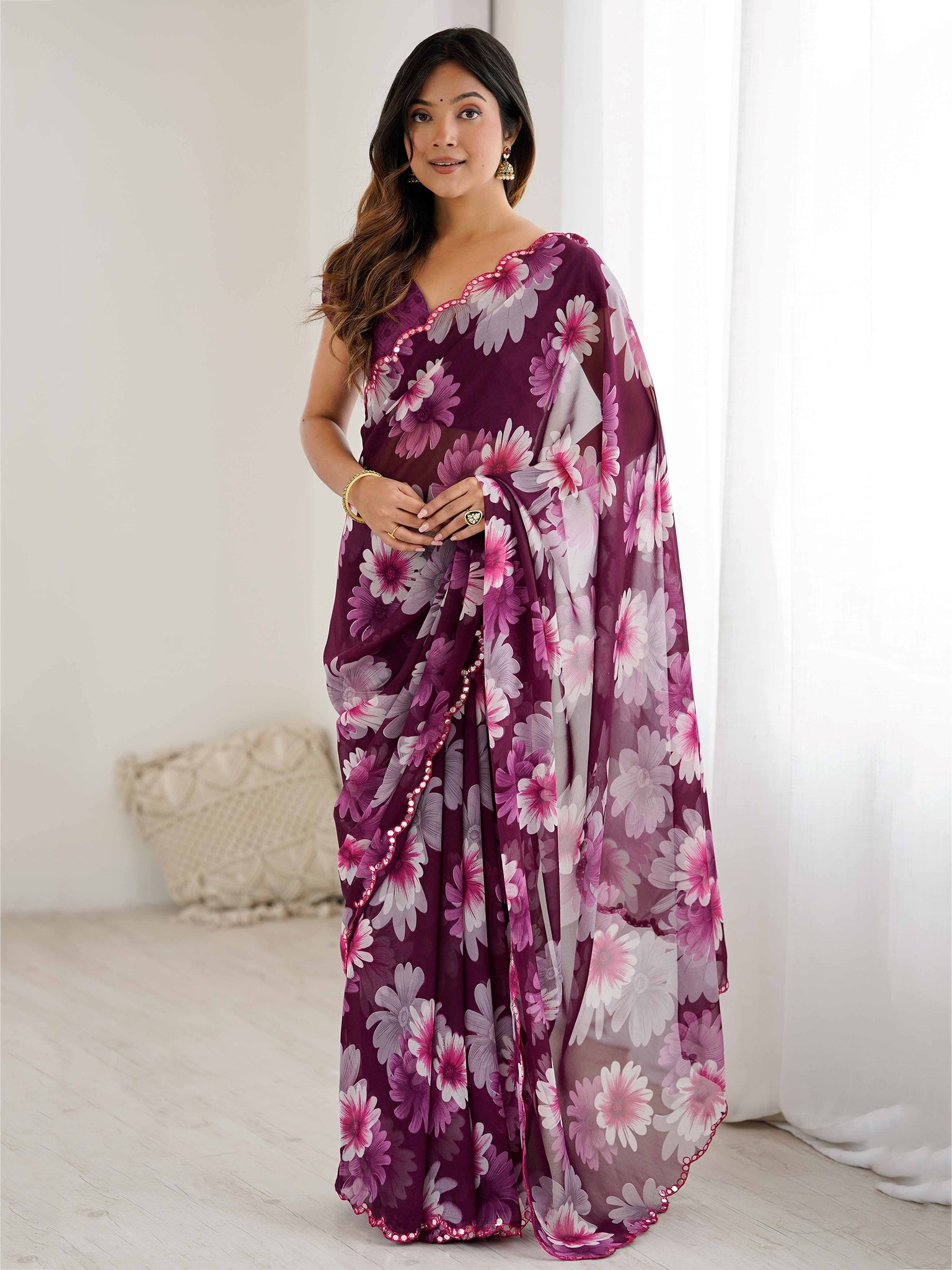Dazzling Wine Floral Printed Georgette Wedding Wear Saree With Blouse
