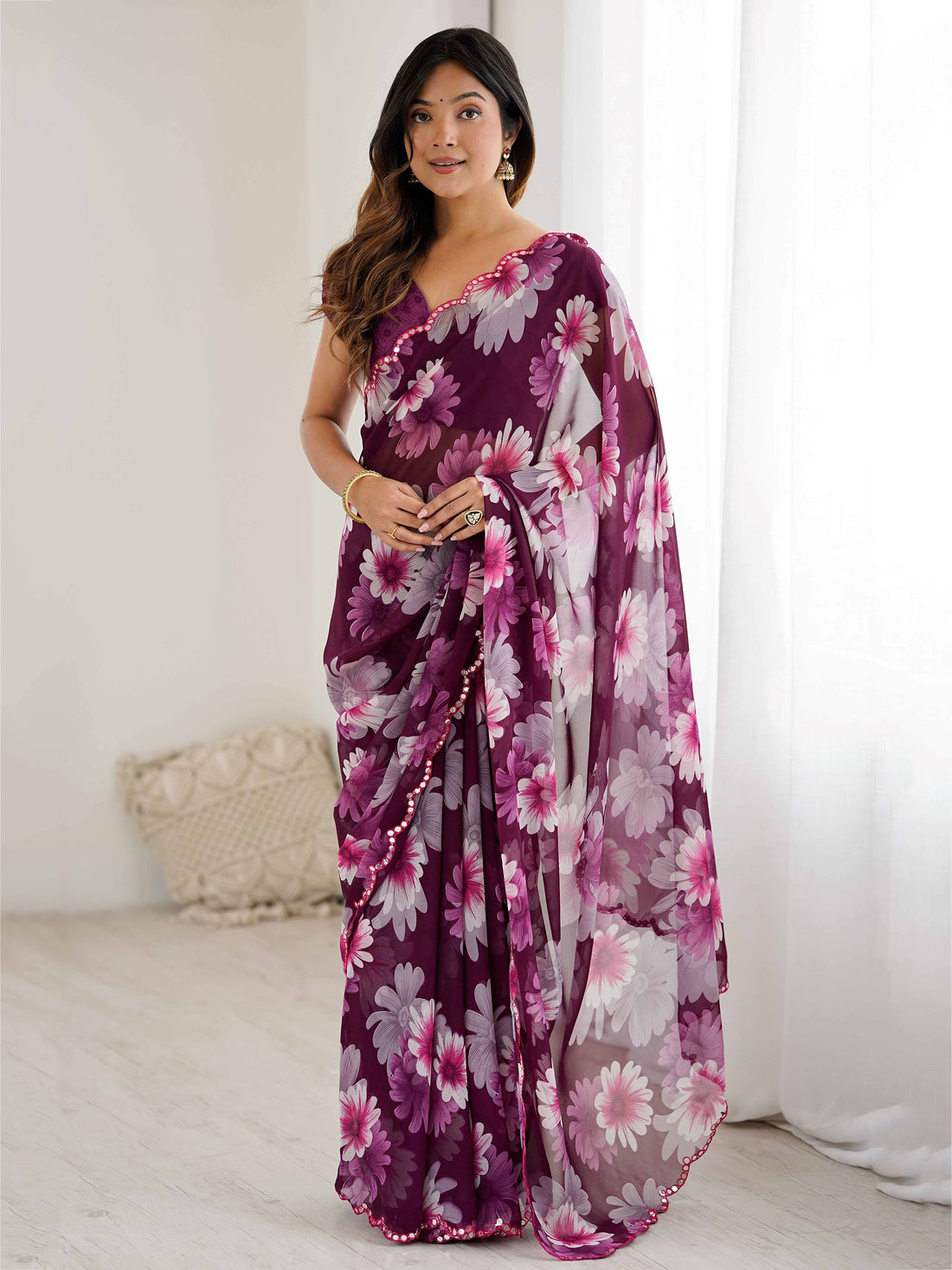 Dazzling Wine Floral Printed Georgette Wedding Wear Saree With Blouse