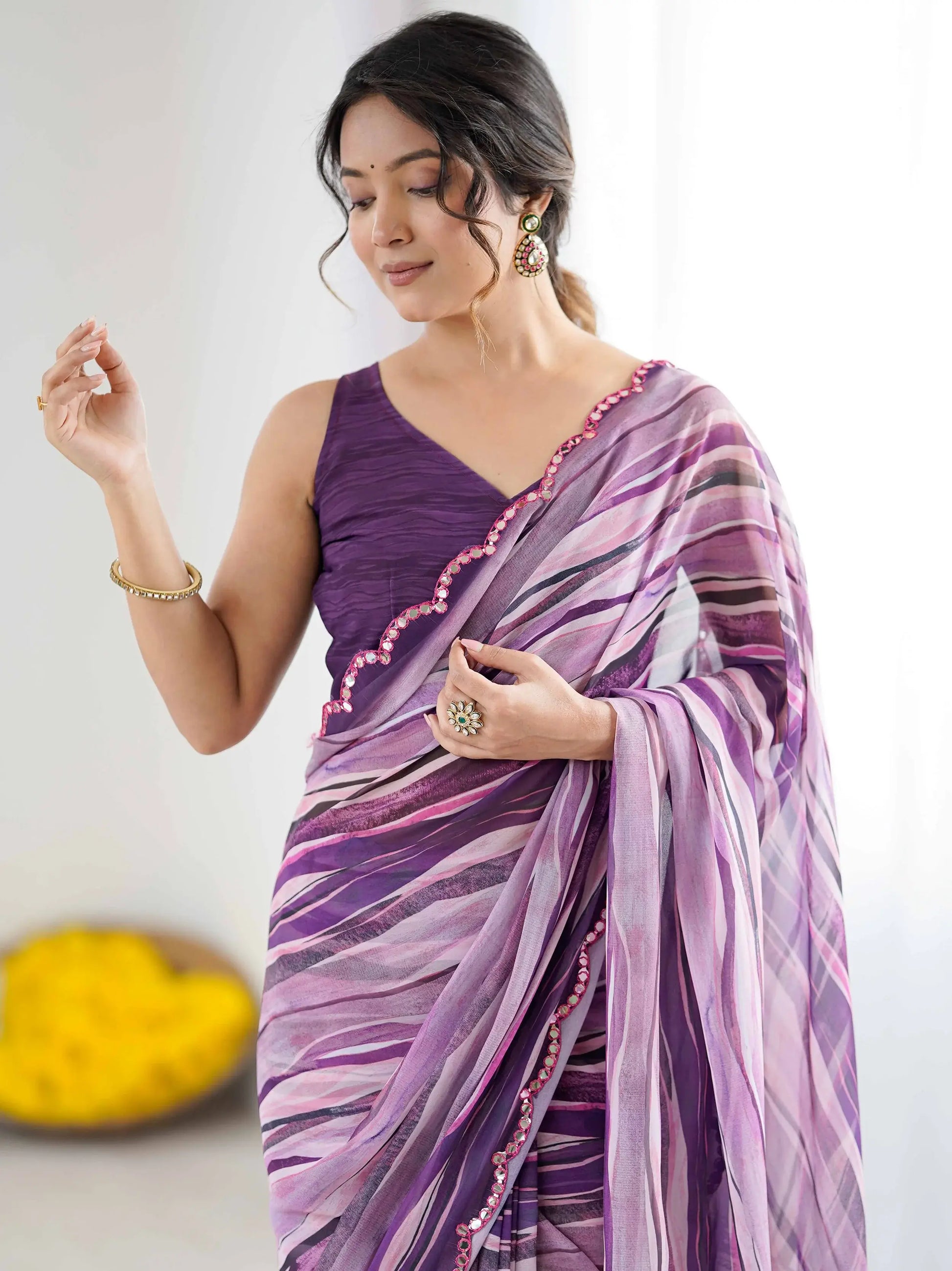 Magnificent Violet Digital Printed Georgette Evening Wear Saree With Blouse