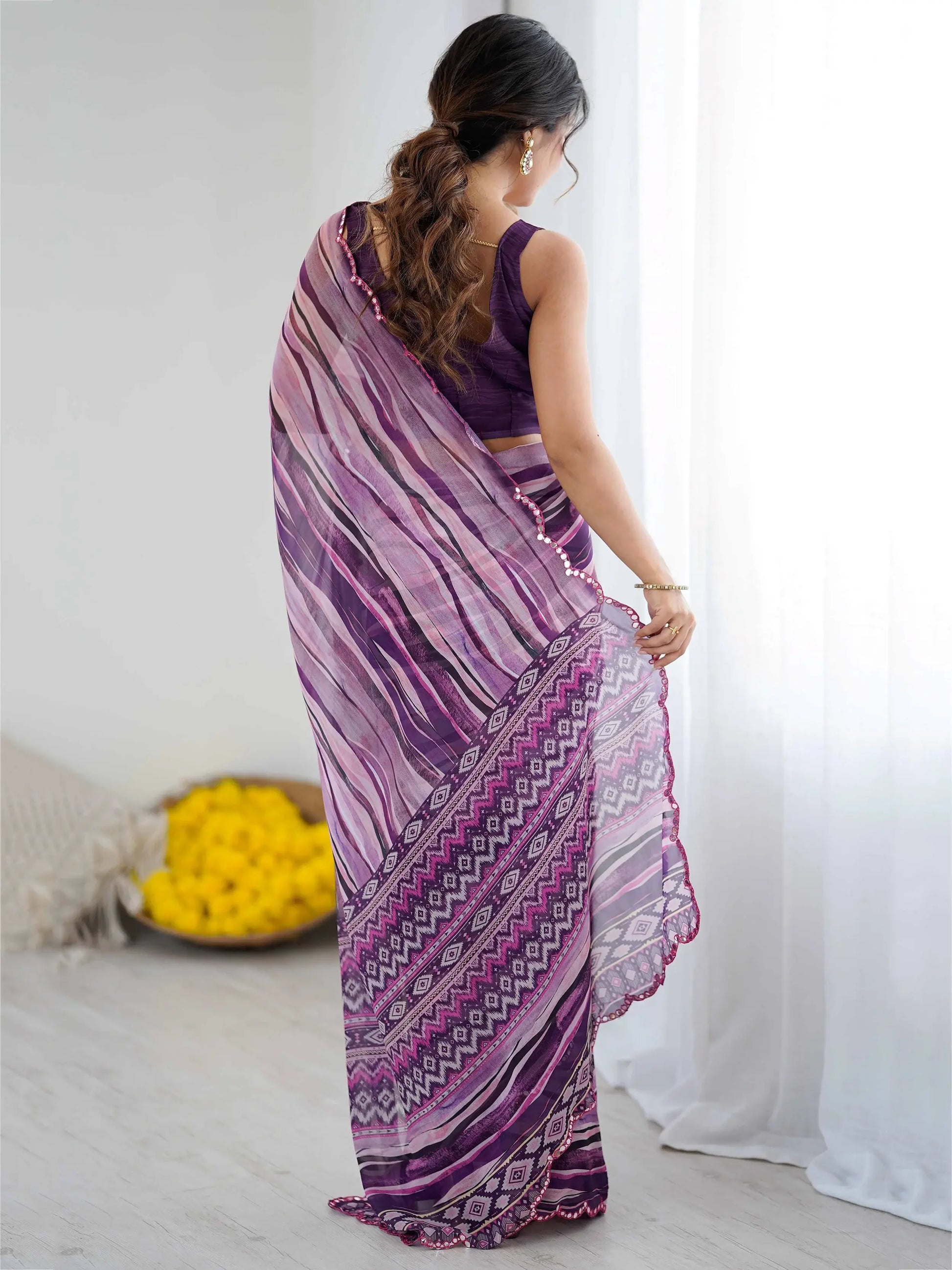 Magnificent Violet Digital Printed Georgette Evening Wear Saree With Blouse