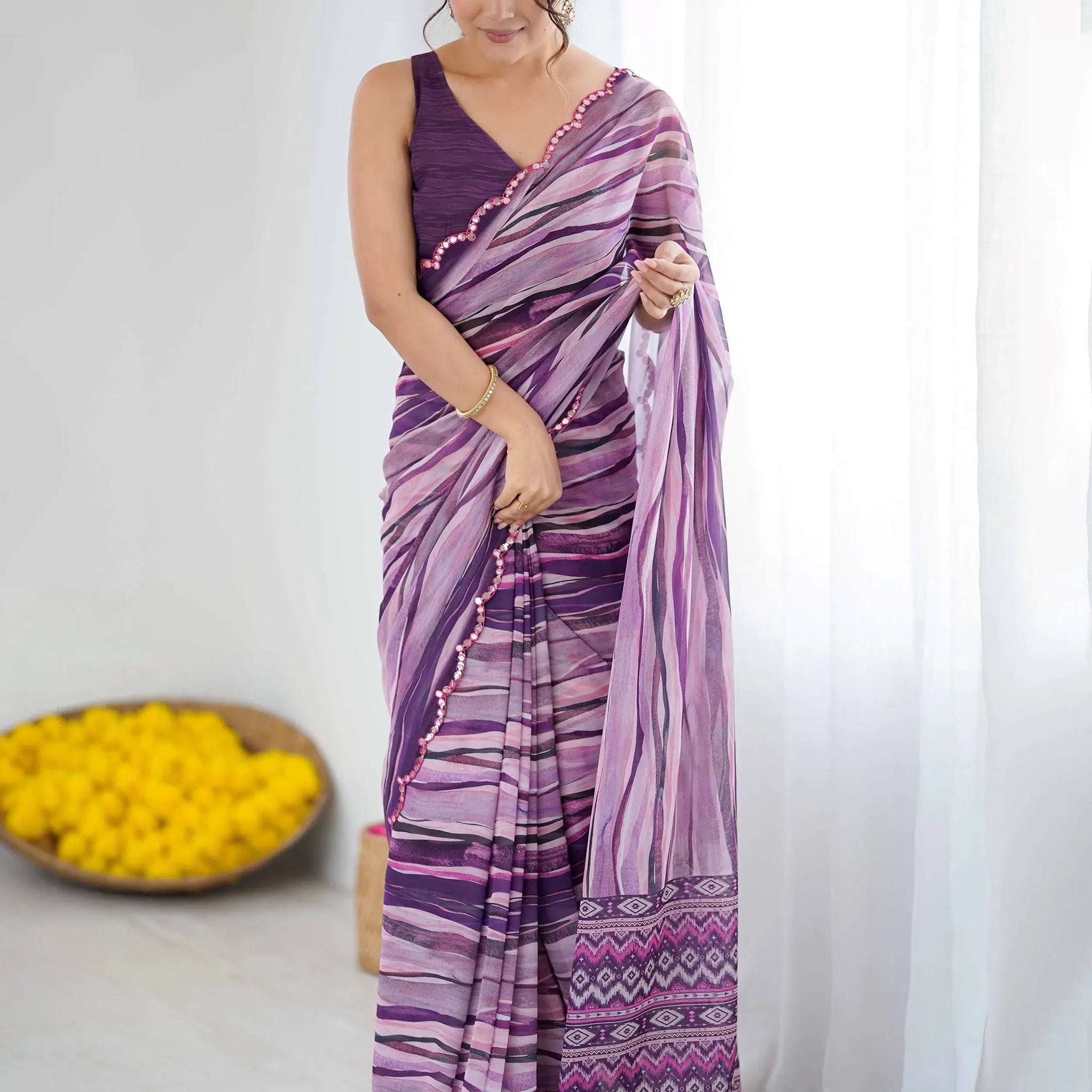 Magnificent Violet Digital Printed Georgette Evening Wear Saree With Blouse