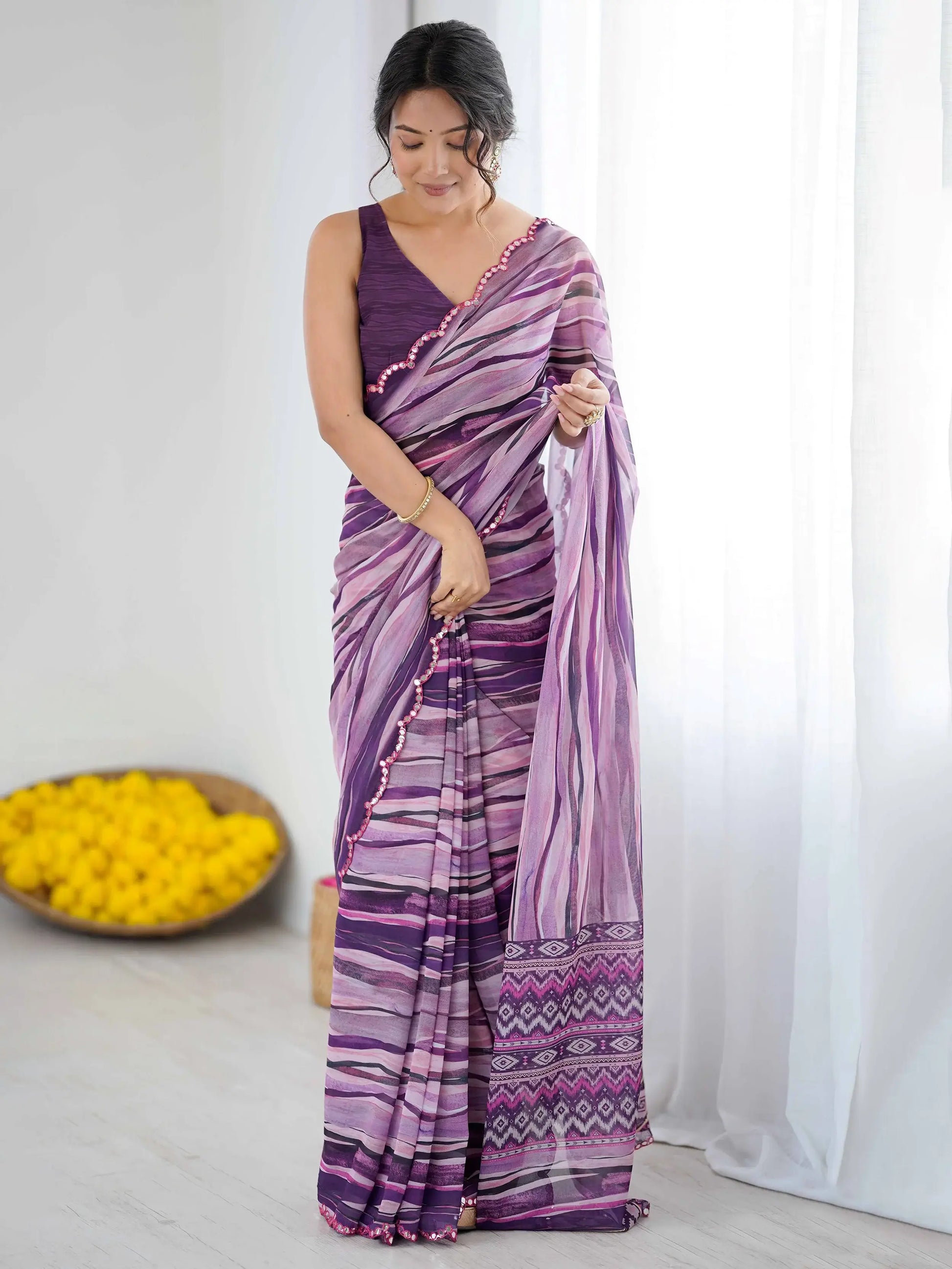 Magnificent Violet Digital Printed Georgette Evening Wear Saree With Blouse