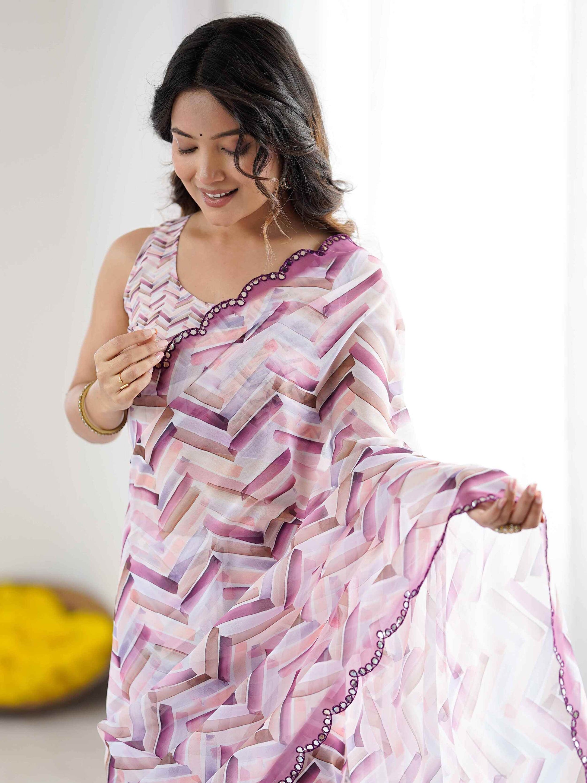 Dreamy Off-White Mirror Work Georgette Event Wear Saree With Blouse