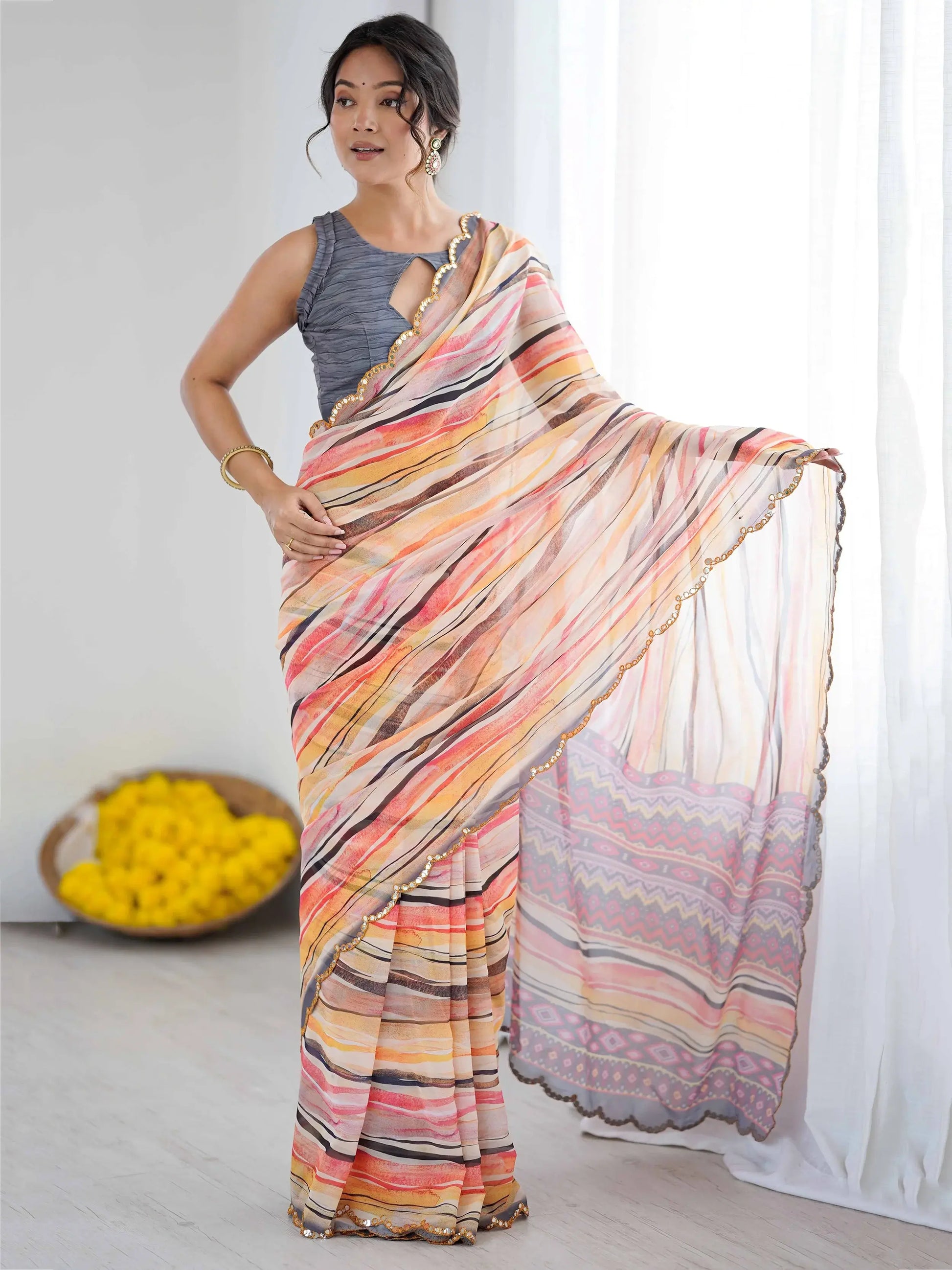 Marvelous Peach Mirror Border Work Georgette Traditional Saree With Blouse