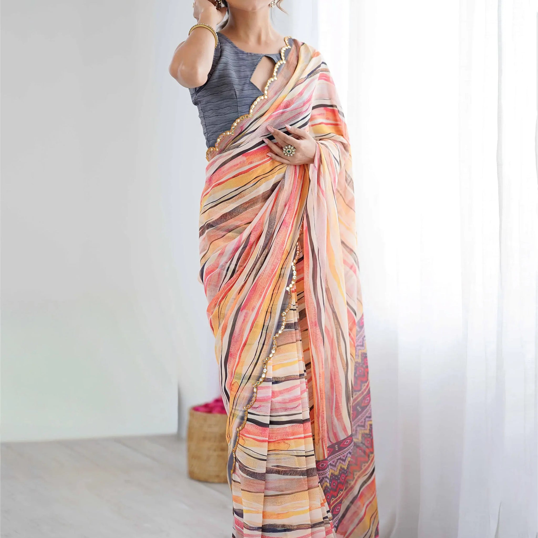 Marvelous Peach Mirror Border Work Georgette Traditional Saree With Blouse