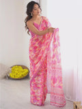 Magnificent Pink Digital Printed Georgette Engagement Wear Saree With Blouse