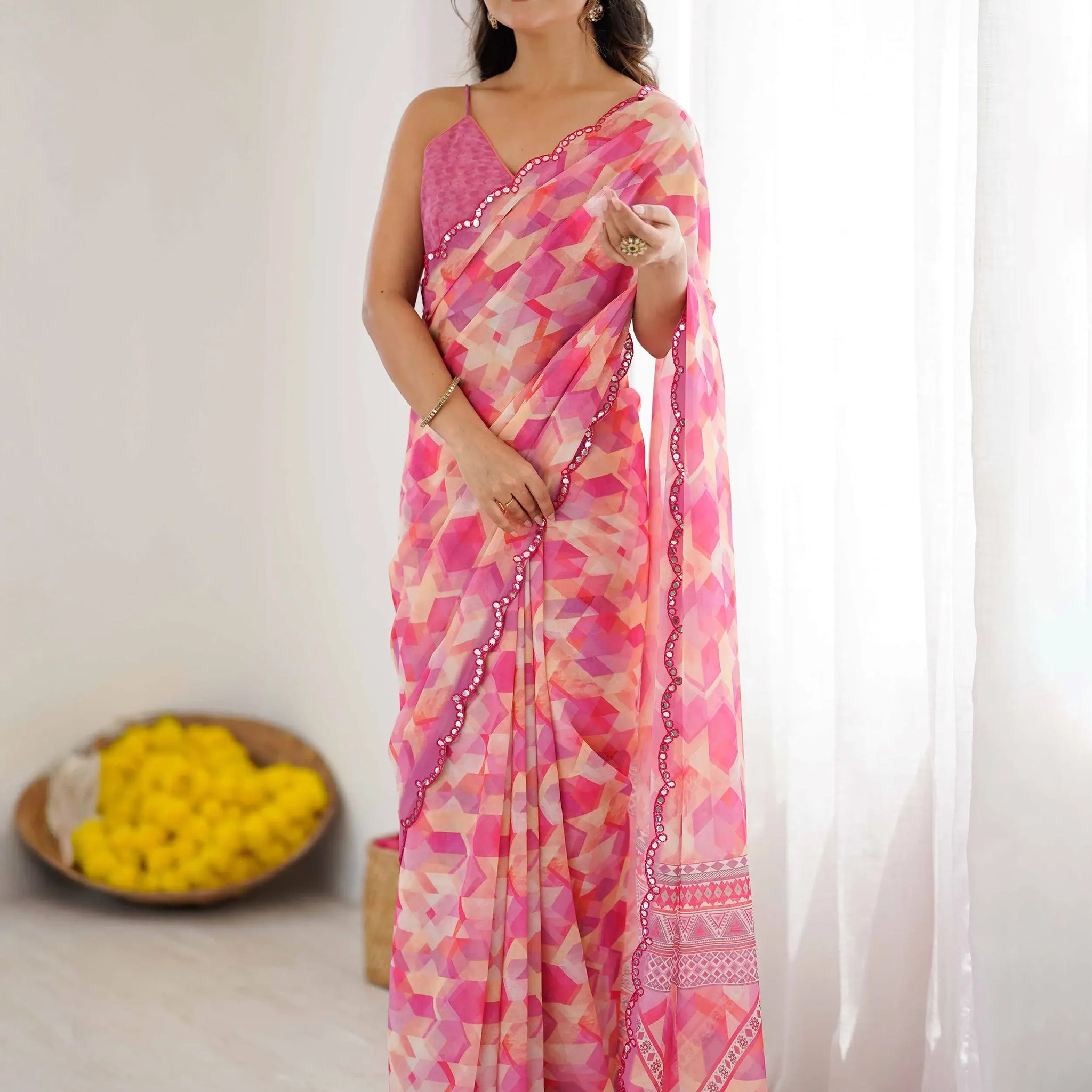 Magnificent Pink Digital Printed Georgette Engagement Wear Saree With Blouse