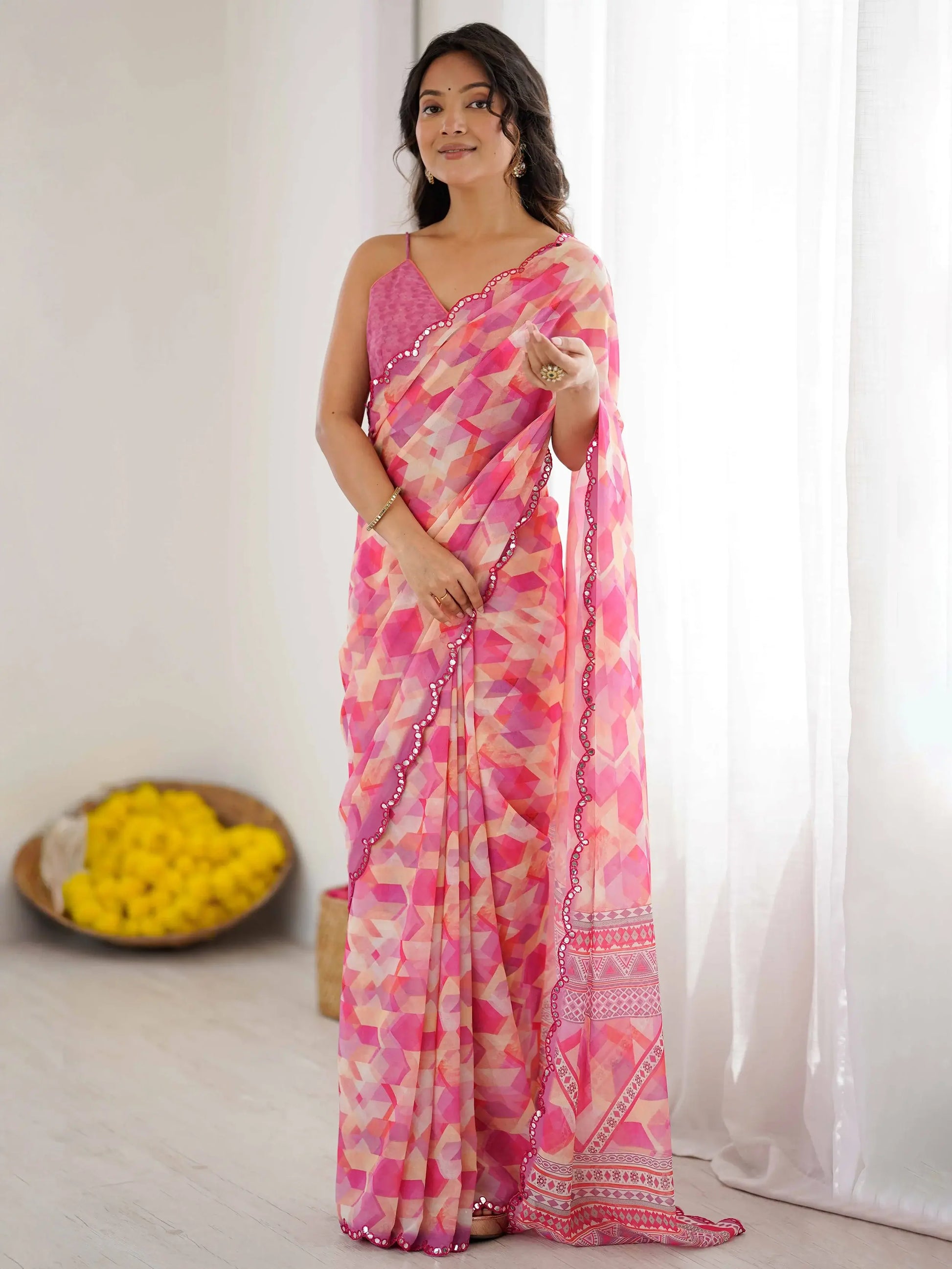 Magnificent Pink Digital Printed Georgette Engagement Wear Saree With Blouse