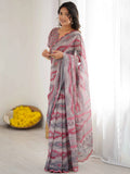 Gorgeous Grey Digital Printed Georgette Marriage Wear Saree With Blouse