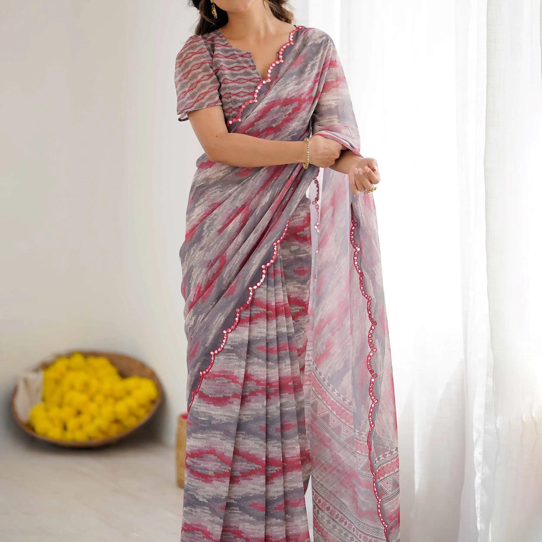 Gorgeous Grey Digital Printed Georgette Marriage Wear Saree With Blouse