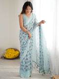 Regal Sky Blue Floral Printed Georgette Evening Wear Saree With Blouse