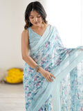 Regal Sky Blue Floral Printed Georgette Evening Wear Saree With Blouse