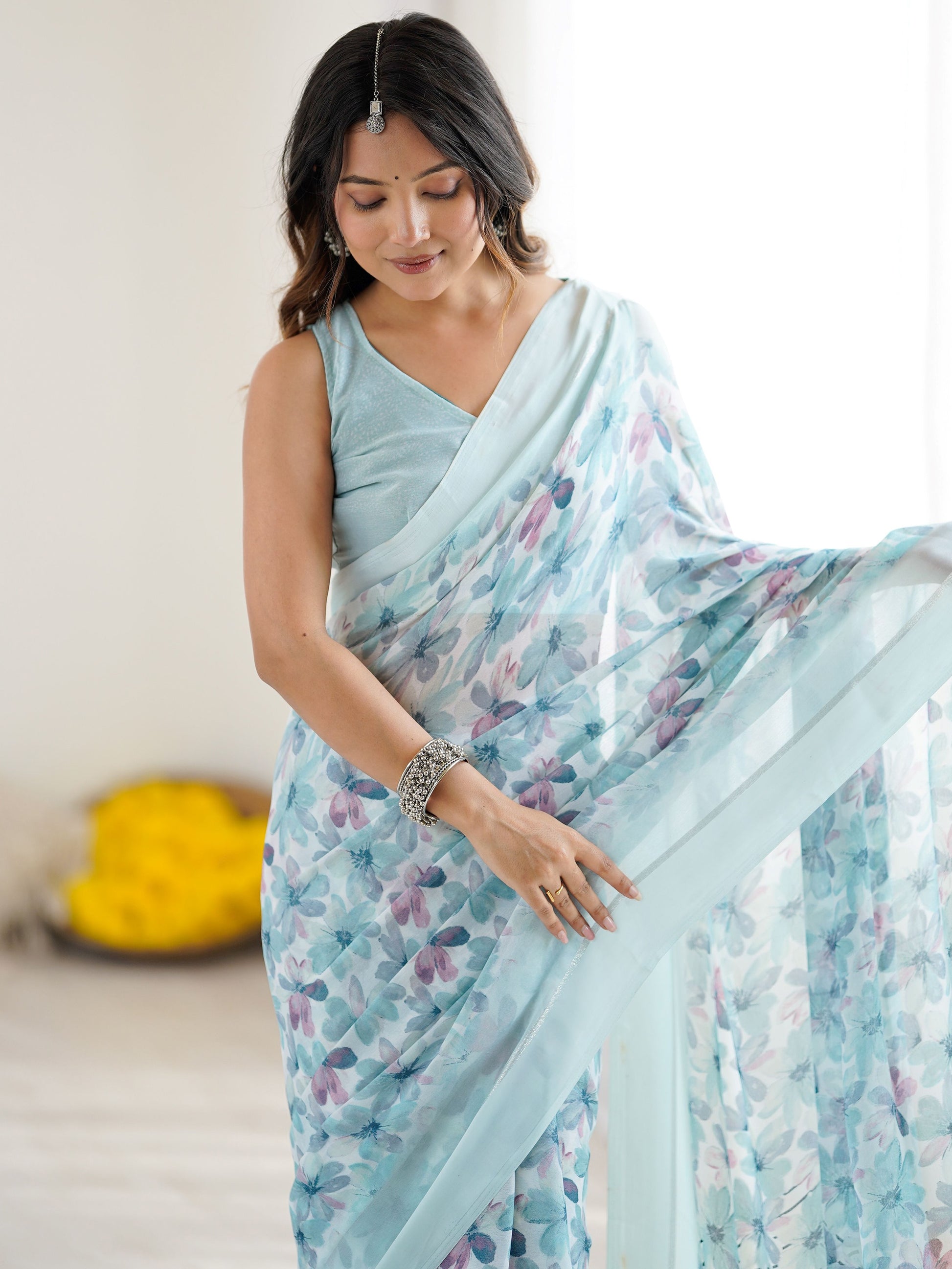 Regal Sky Blue Floral Printed Georgette Evening Wear Saree With Blouse