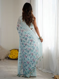 Regal Sky Blue Floral Printed Georgette Evening Wear Saree With Blouse