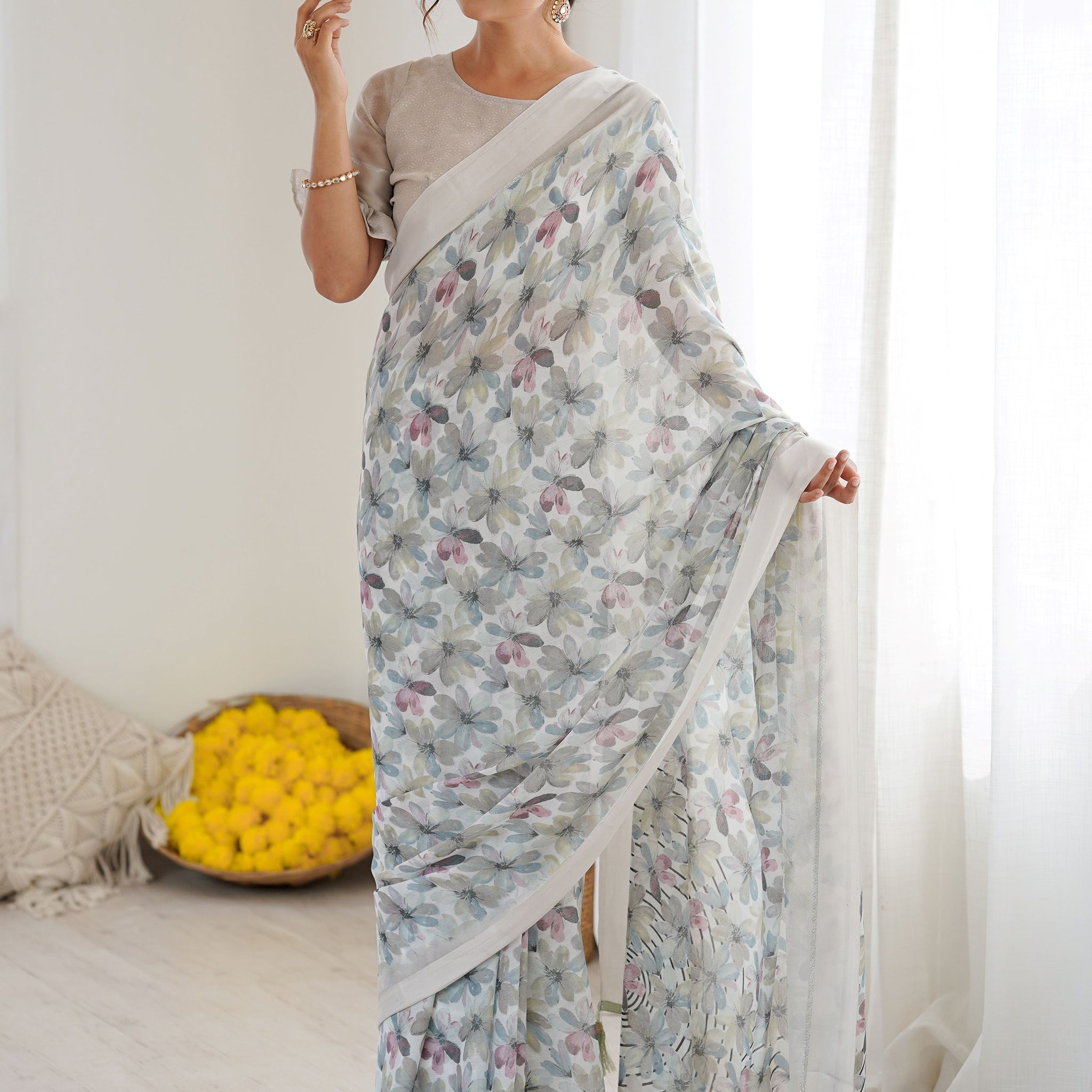 Terrific Grey Satin Border Georgette Casual Wear Saree With Blouse