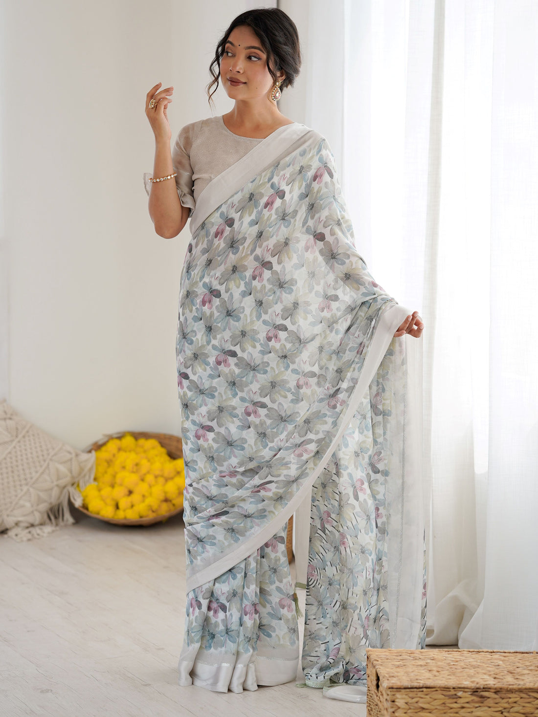 Terrific Grey Satin Border Georgette Casual Wear Saree With Blouse