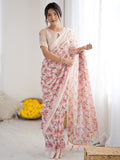 Tremendous Peach Satin Border Georgette Designer Saree With Blouse
