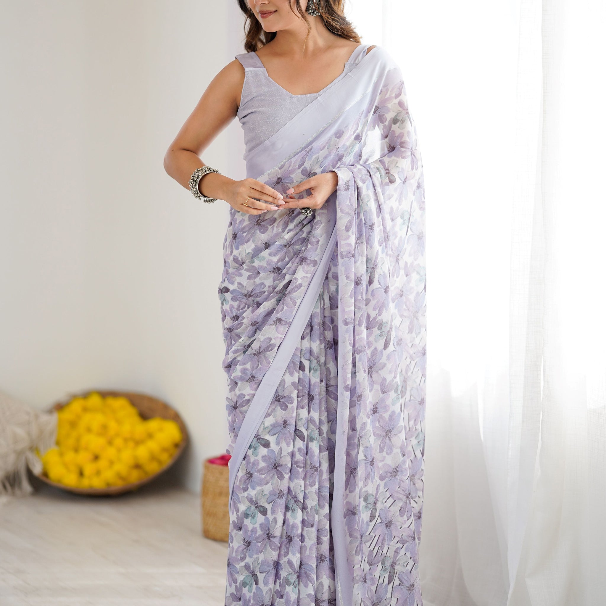 Tremendous Lavender Floral Printed Georgette Function Wear Saree With Blouse