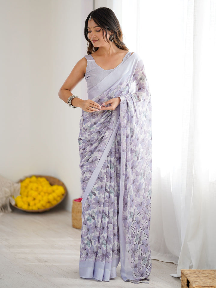 Tremendous Lavender Floral Printed Georgette Function Wear Saree With Blouse