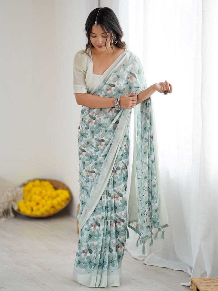 Sensational Green Digital Printed Georgette Mehendi Wear Saree With Blouse