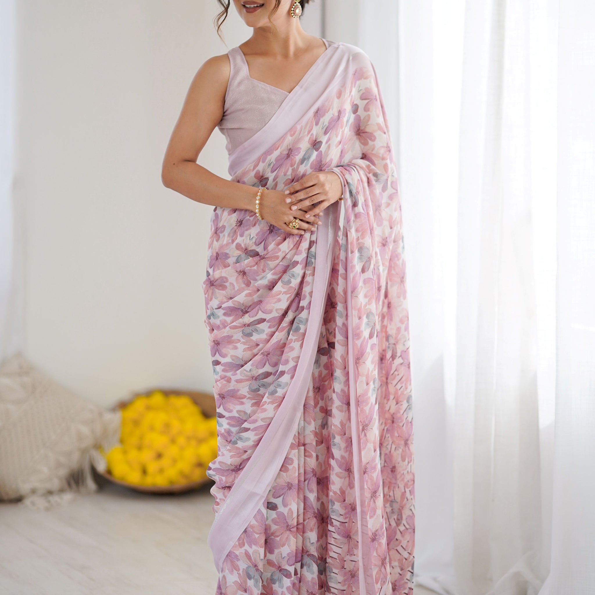 Delightful Purple Floral Printed Georgette Casual Wear Saree With Blouse