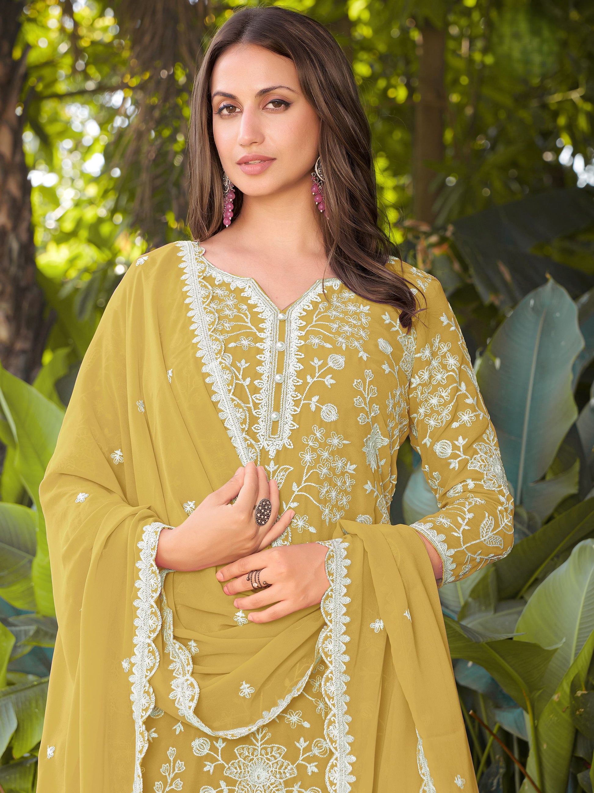 Graceful Yellow Bead Embroidery Georgette Haldi Wear Palazzo Suit