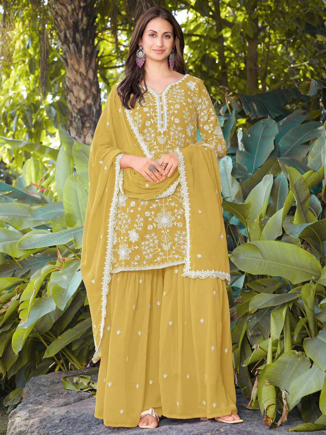 Graceful Yellow Bead Embroidery Georgette Haldi Wear Palazzo Suit