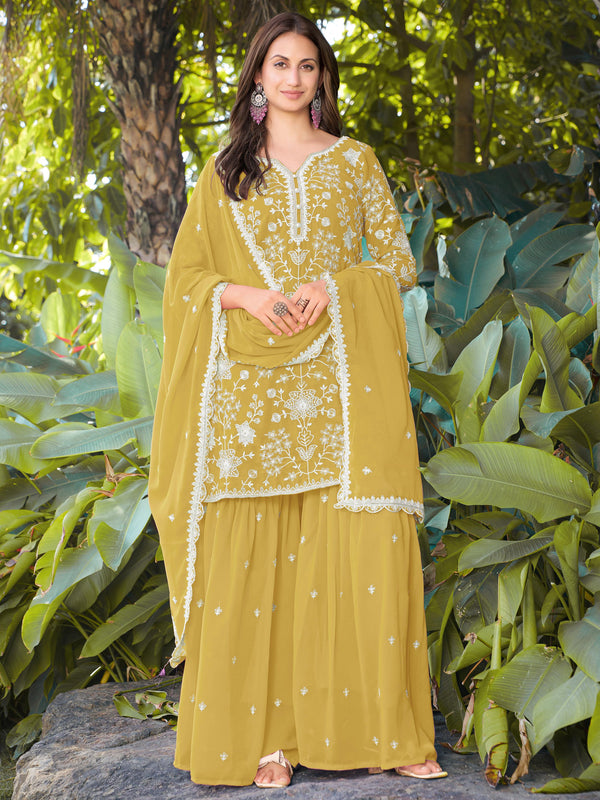 Graceful Yellow Bead Embroidery Georgette Haldi Wear Palazzo Suit