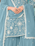 Elegant Sky Blue Heavy Embroidery Georgette Designer Palazzo Suit