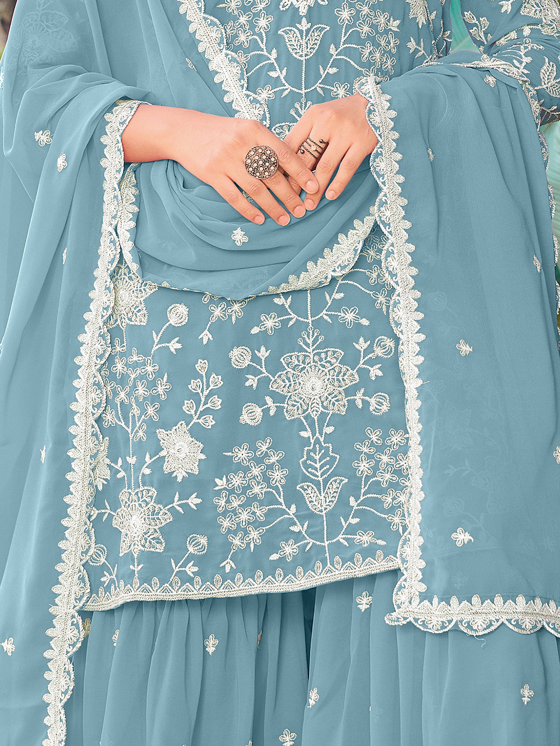 Elegant Sky Blue Heavy Embroidery Georgette Designer Palazzo Suit
