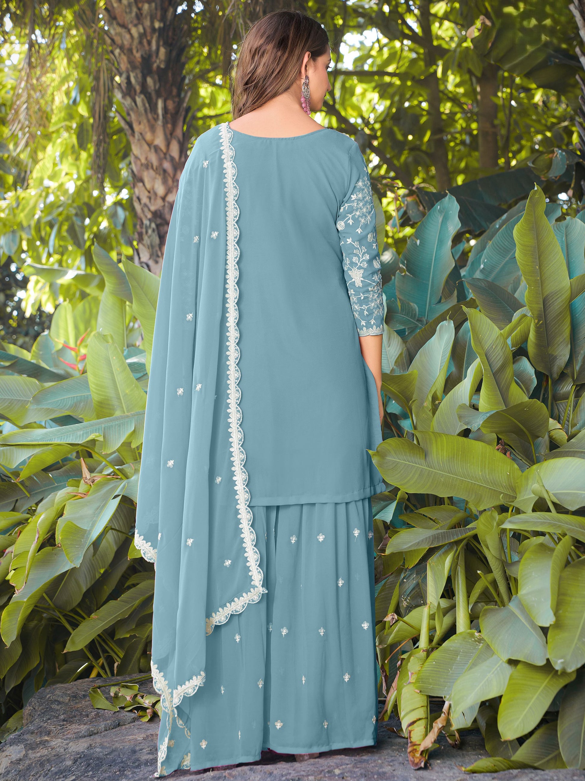 Elegant Sky Blue Heavy Embroidery Georgette Designer Palazzo Suit