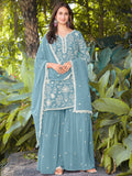 Elegant Sky Blue Heavy Embroidery Georgette Designer Palazzo Suit