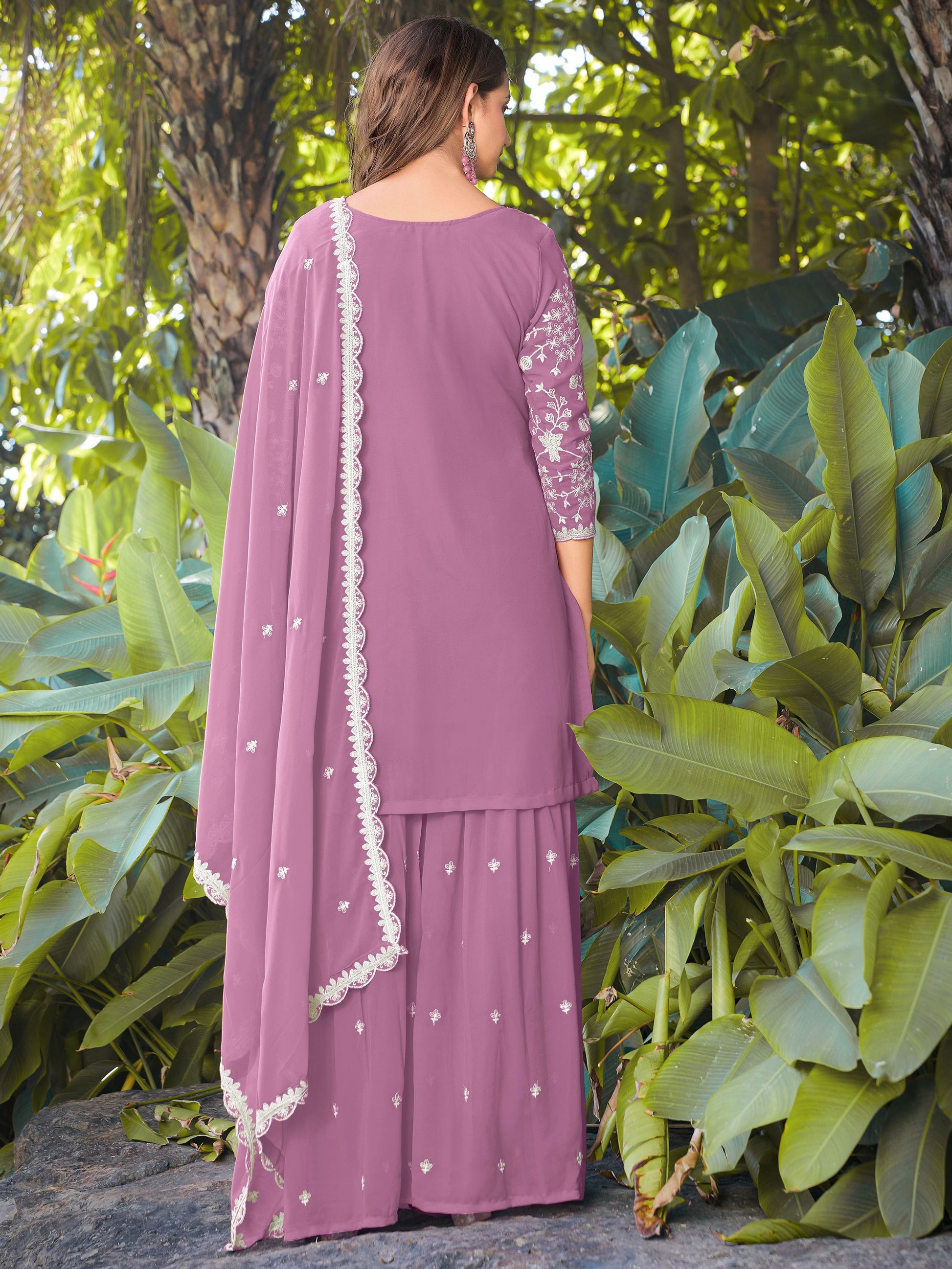 Pretty Pink Bead Embroidered Georgette Wedding Wear Palazzo Suit