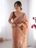Dazzling Peach Lace Border Net Festive Wear Saree With Blouse