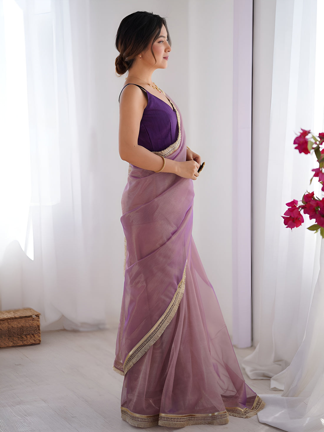 Classy Lavender Lace Border Net Wedding Wear Saree With Blouse