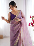 Classy Lavender Lace Border Net Wedding Wear Saree With Blouse