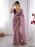 Classy Lavender Lace Border Net Wedding Wear Saree With Blouse