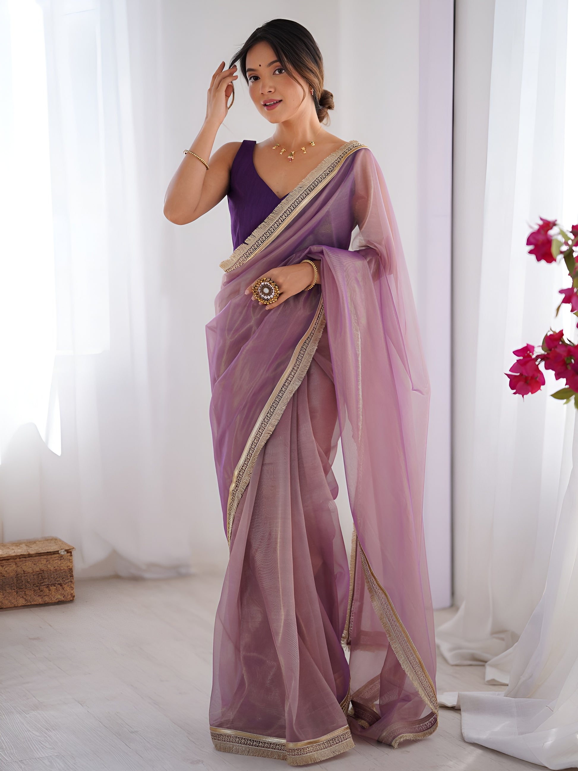 Classy Lavender Lace Border Net Wedding Wear Saree With Blouse