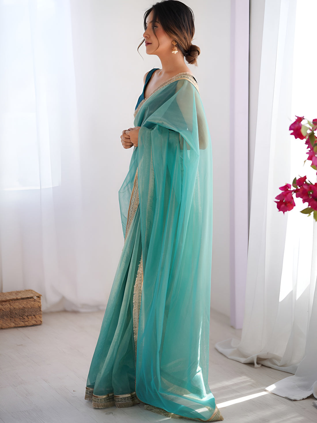 Marvelous Sky Blue Lace Border Net Evening Wear Saree With Blouse