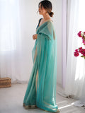 Marvelous Sky Blue Lace Border Net Evening Wear Saree With Blouse