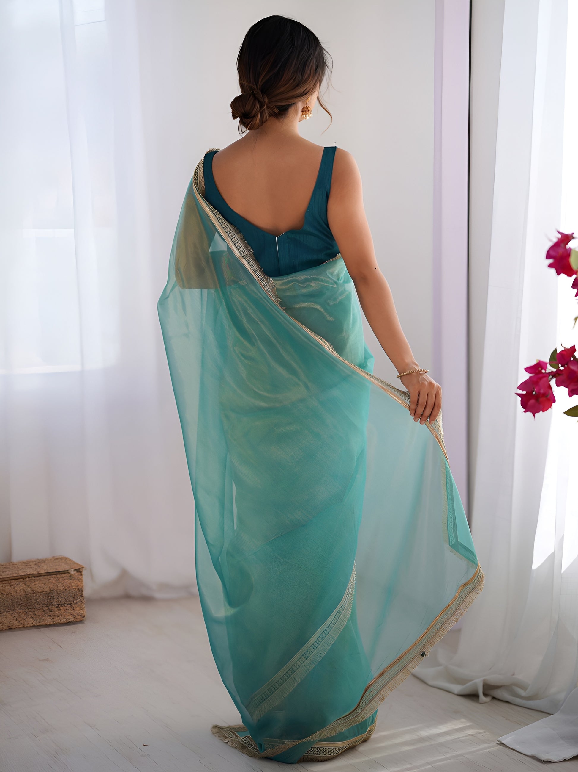 Marvelous Sky Blue Lace Border Net Evening Wear Saree With Blouse