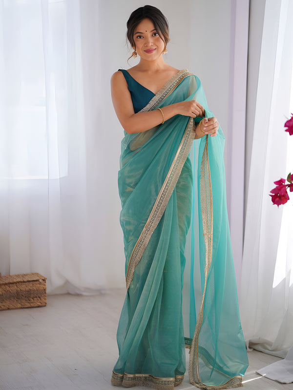 Marvelous Sky Blue Lace Border Net Evening Wear Saree With Blouse