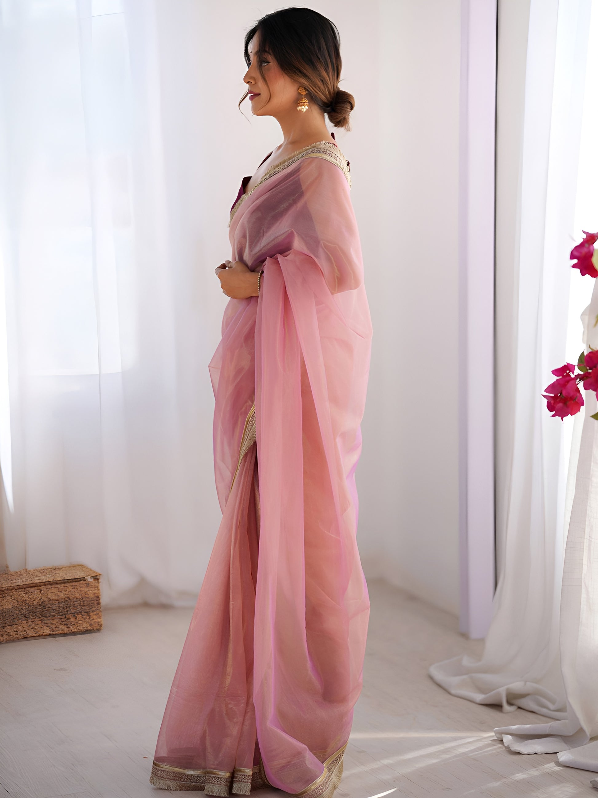 Charming Pink Lace Border Net Engagement Wear Saree With Blouse