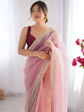 Charming Pink Lace Border Net Engagement Wear Saree With Blouse