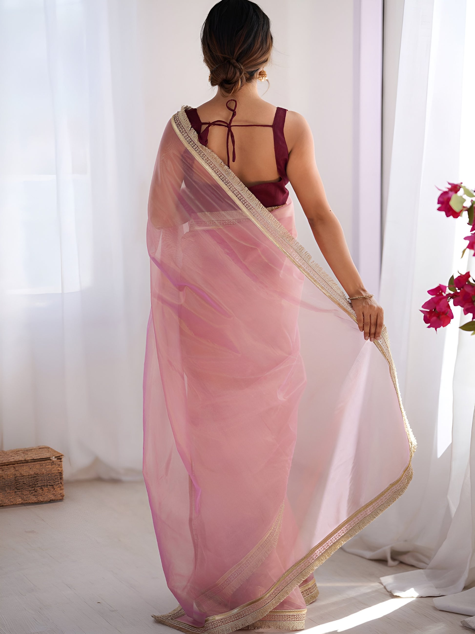 Charming Pink Lace Border Net Engagement Wear Saree With Blouse
