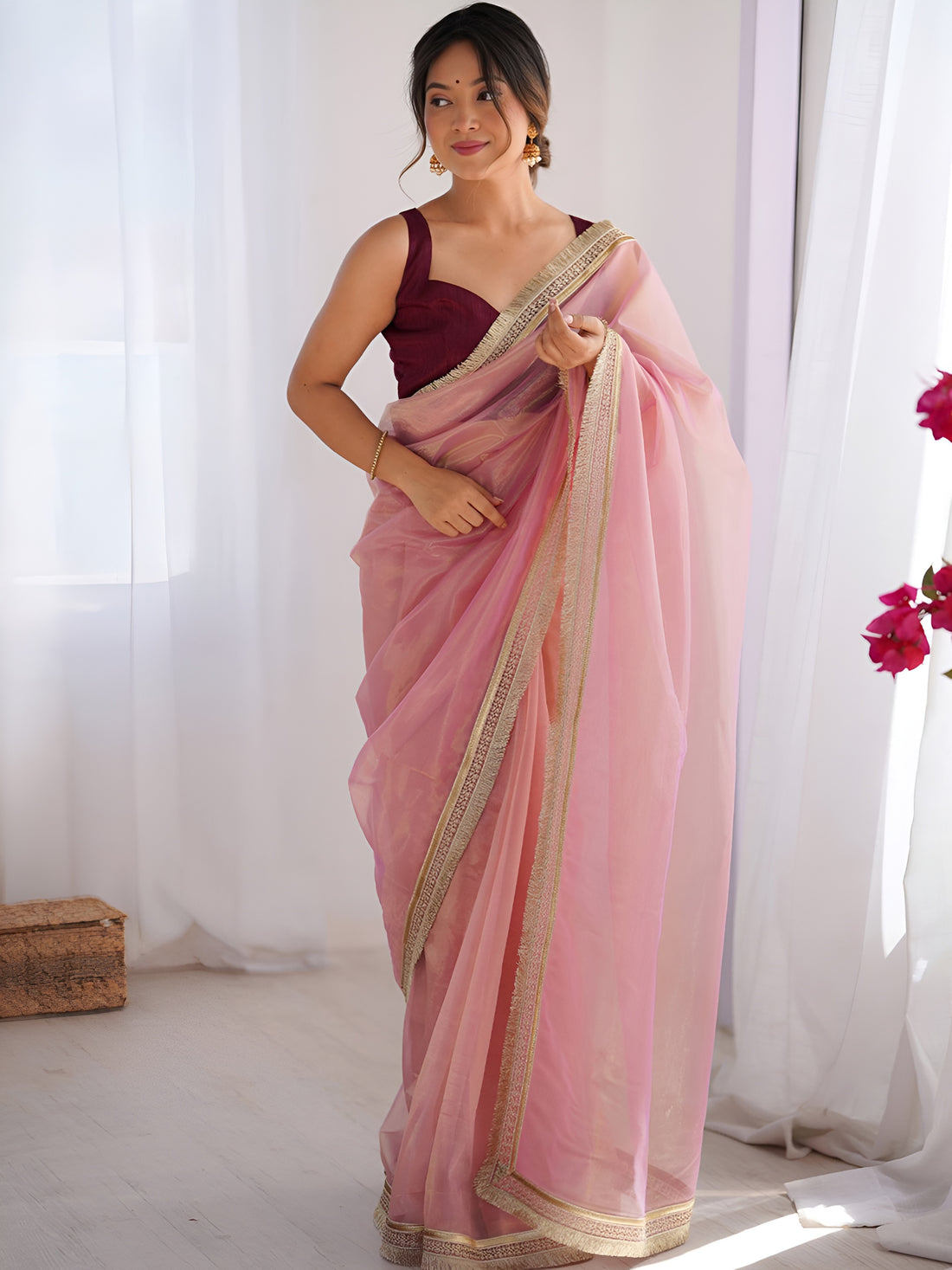 Charming Pink Lace Border Net Engagement Wear Saree With Blouse