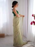 Alluring Green Lace Border Net Mehendi Wear Saree With Blouse